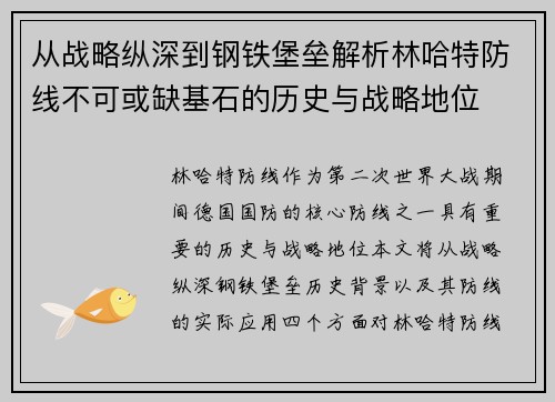 从战略纵深到钢铁堡垒解析林哈特防线不可或缺基石的历史与战略地位